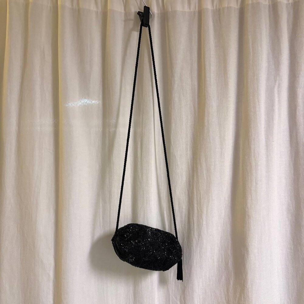 Black Beaded Evening Bag Y2K Goth Glam Formal Clutch w/ Tassel Strap - Picture 4 of 4